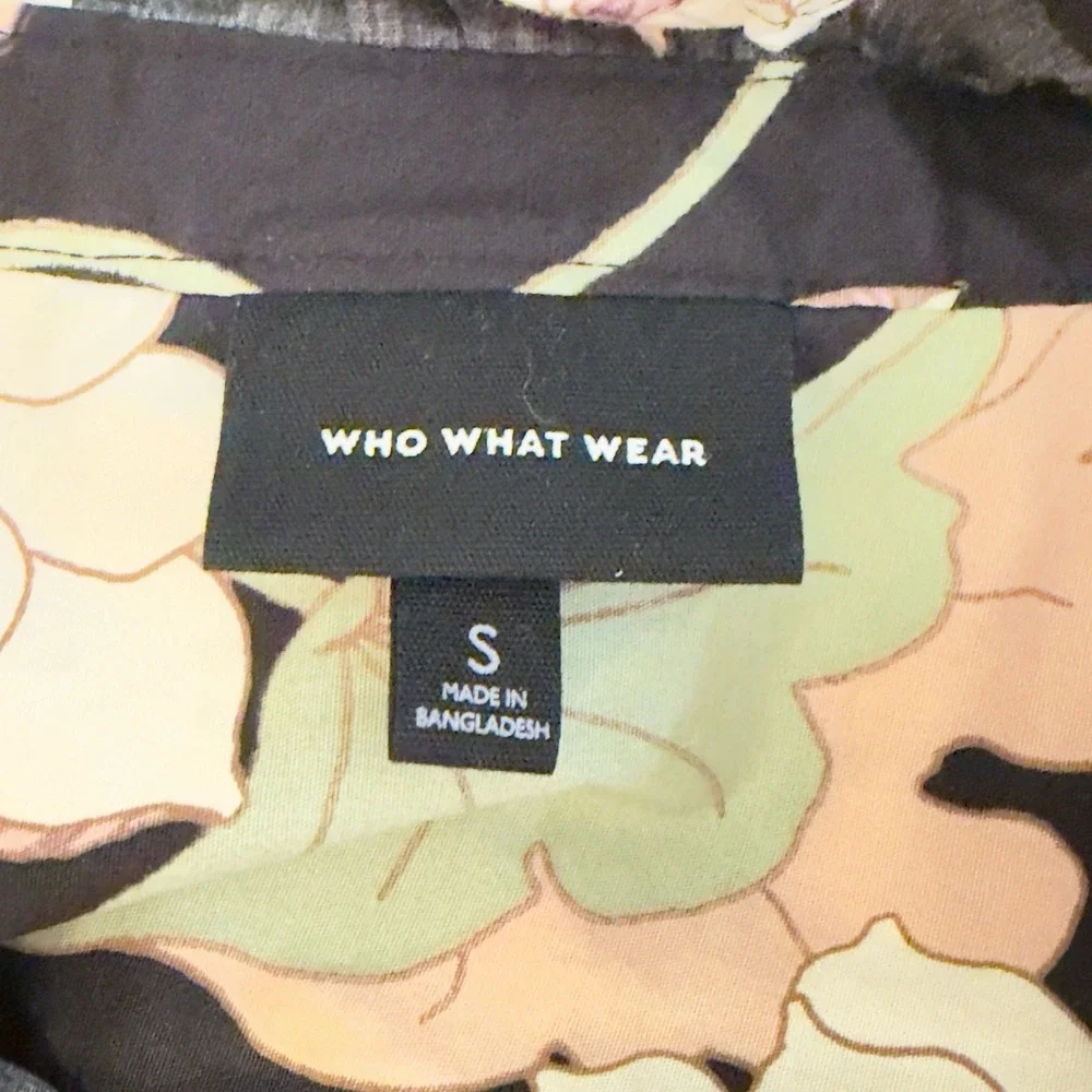 Who What Wear Black Pink Green Floral Blouse Puff Sleeve Ruffle Collar Women's S